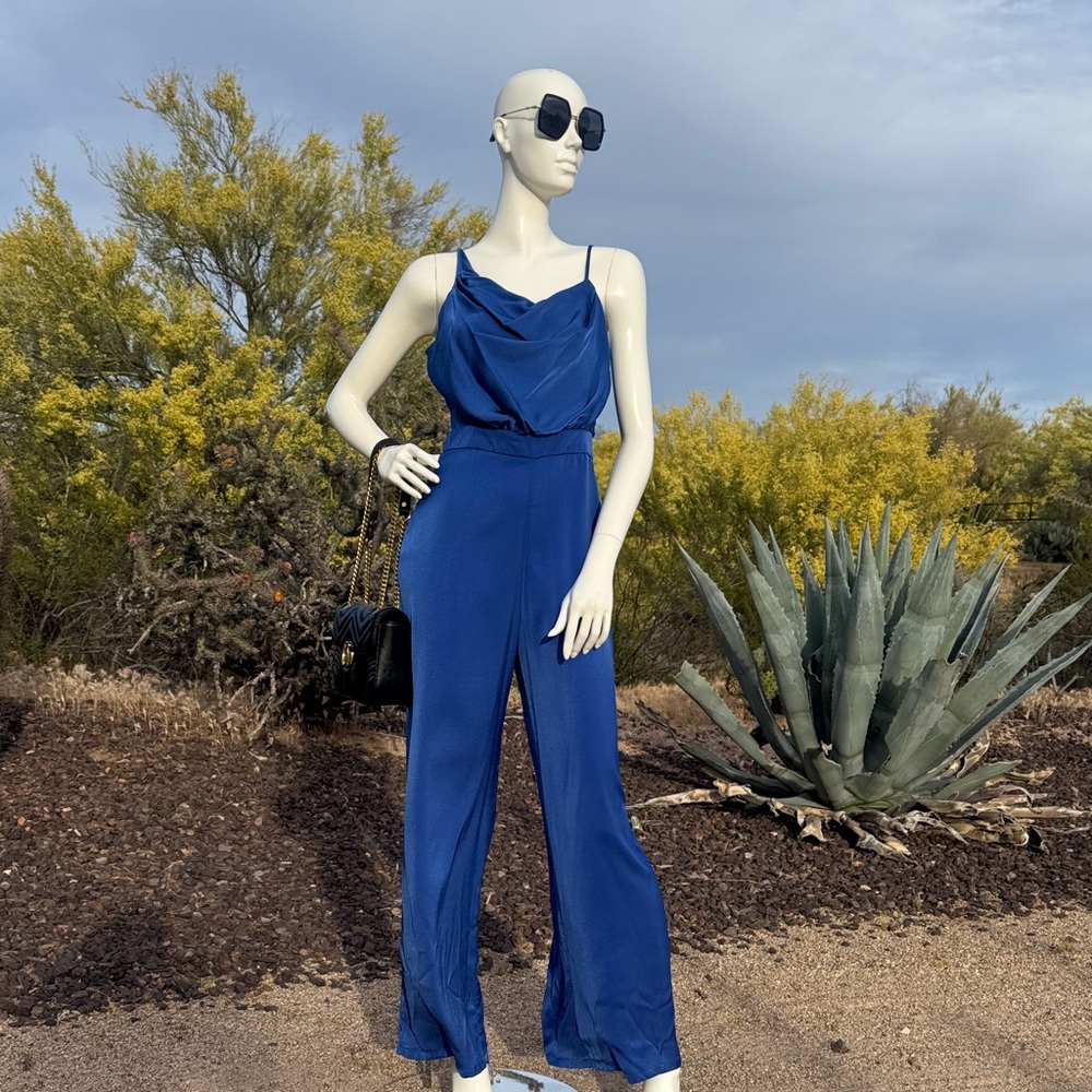 Blue Cowl Neck Wide-Leg Jumpsuit - Women